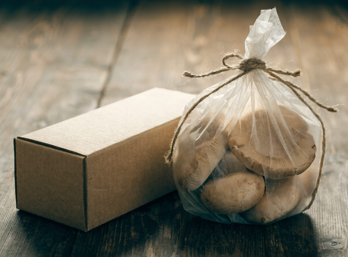 Packaging artesanal de Hongos Australes: caja kraft y bulto envuelto en papel con hilo natural