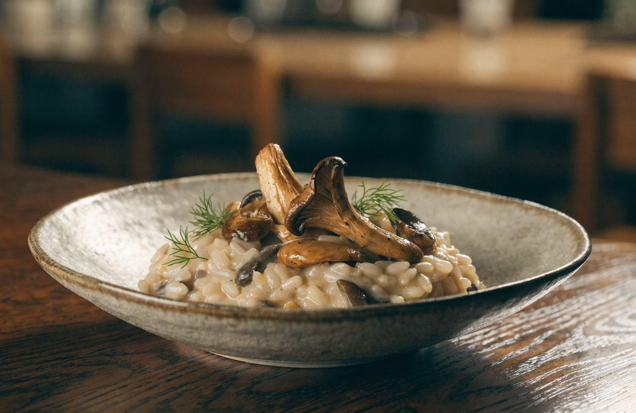 Risotto cremoso de hongos salteados con hierbas frescas en un bol de cerámica rústica