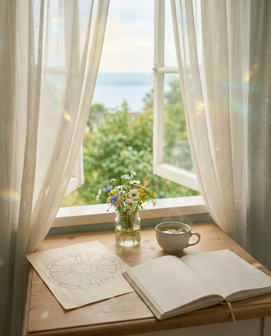 A sunlit desk by an open window with a natal chart, open journal, wildflowers, and tea, greenery beyond.