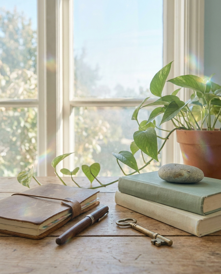 A grounded still life with a leather notebook, fountain pen, books, a brass key, and a trailing plant in natural light.