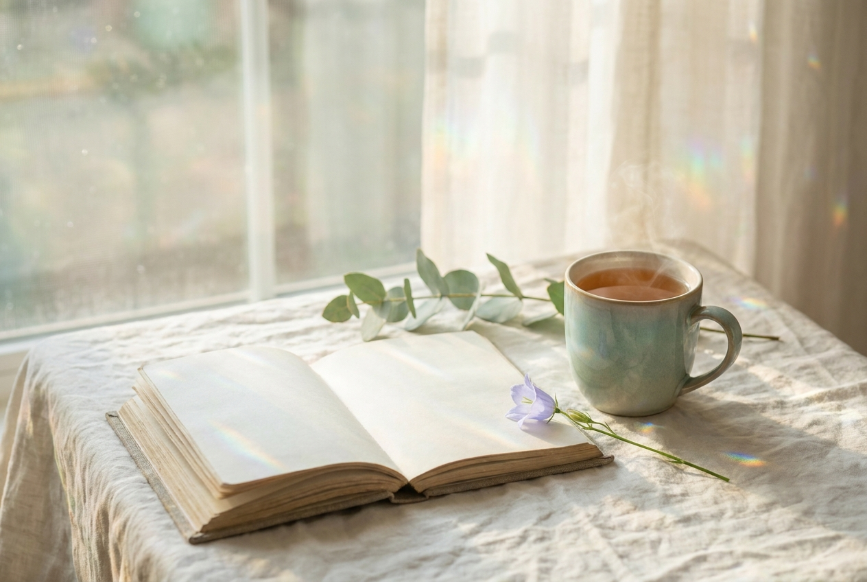 Soft morning light on an open journal with tea and greenery.