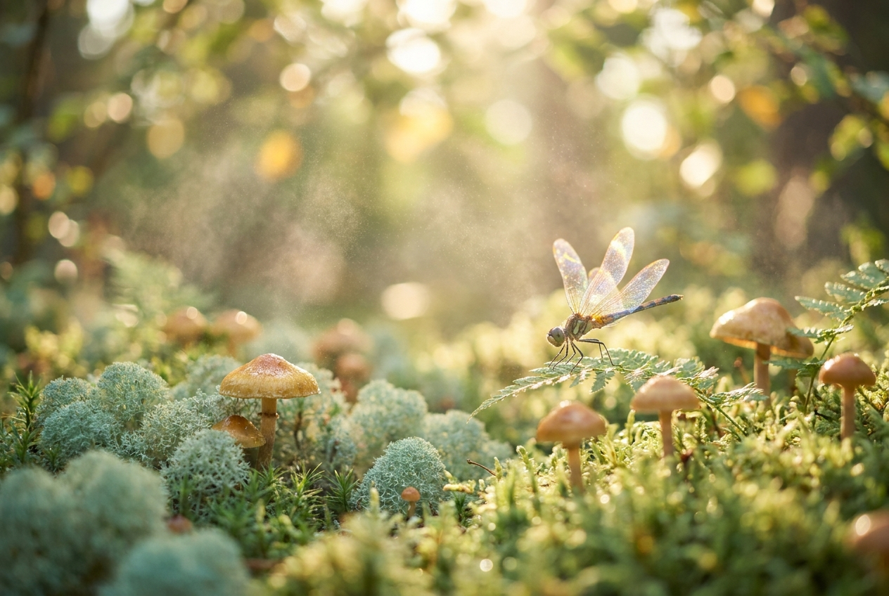 Macro of a forest floor with moss, mushrooms, and a dragonfly with iridescent wings.
