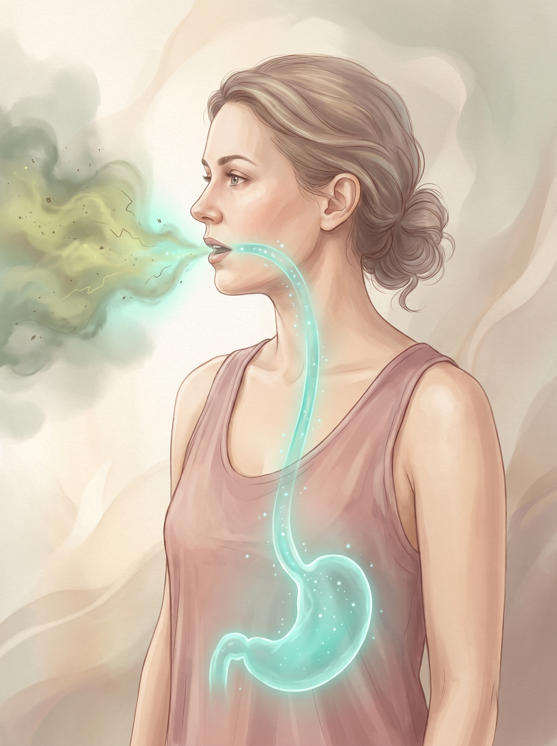 Illustration éditoriale : silhouette de femme avec son intestin surligné, particules remontant vers la bouche