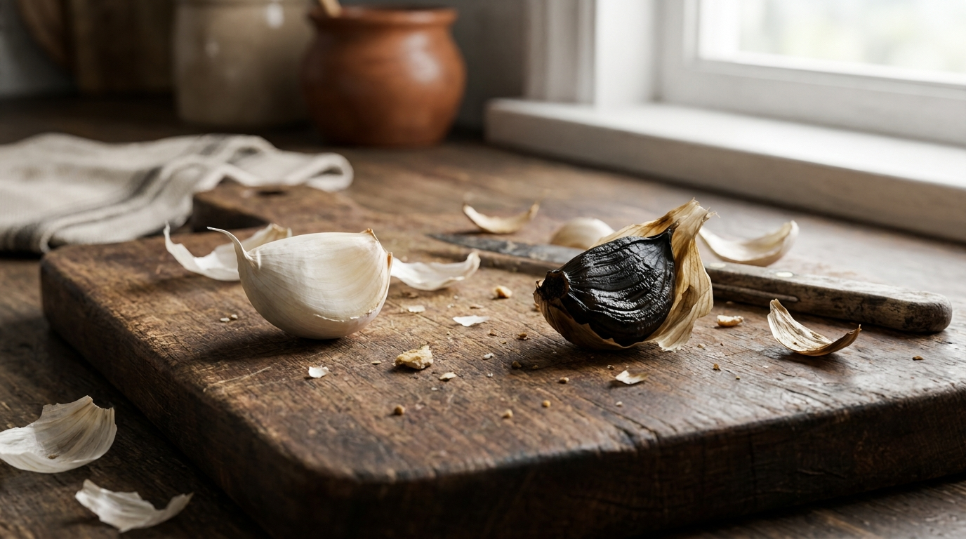 Raw garlic transforming into black garlic