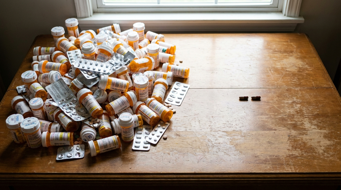 A pile of pills next to two capsules