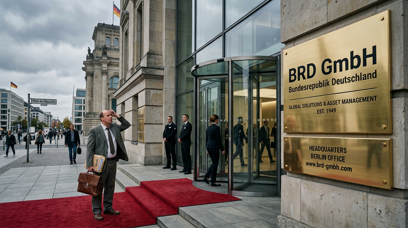Satirisches Titelbild: ein Parlamentsgebäude als glänzende Firmenzentrale mit Messingschild „BRD GmbH", rotem Teppich und einem ratlosen Beamten davor — humorvolle Illustration des BRD-GmbH-Mythos.
