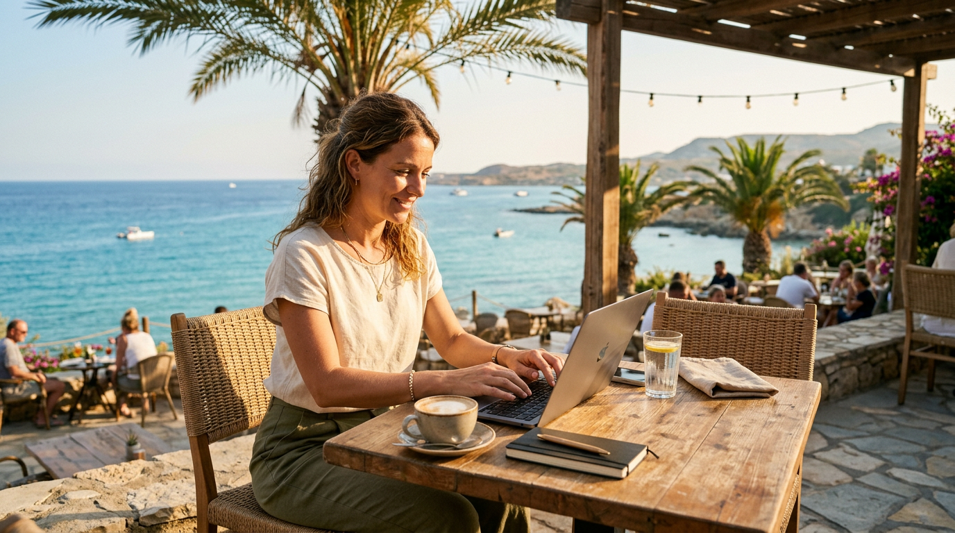 Titelbild: entspannter Unternehmer mit Laptop auf einer Café-Terrasse am türkisen Mittelmeer auf Zypern, Sonne und Palmen — die legale, sonnige Realität des Non-Dom-Standorts.