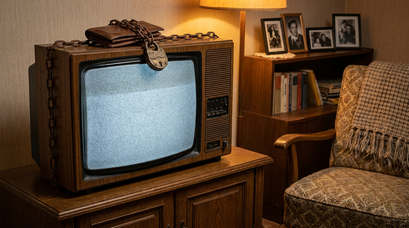 Satirisches Titelbild: ein alter Fernseher im Wohnzimmer, darauf ein Portemonnaie, umwickelt mit einer schweren Eisenkette und Vorhängeschloss — augenzwinkernde Illustration des GEZ-Frusts.