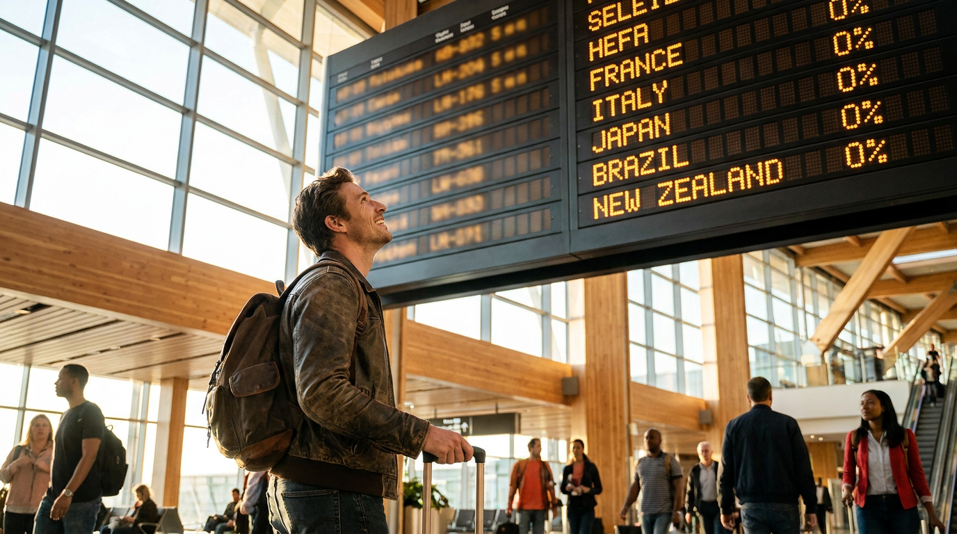 Titelbild: ein Reisender mit Koffer blickt in einer Flughafenhalle auf eine große Anzeigetafel, auf der statt Flugzeiten Ländernamen mit „0 %" leuchten — Sinnbild für die Suche nach dem steuerfreien Land.