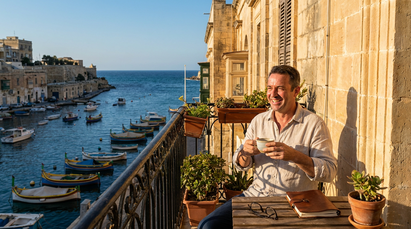 Titelbild: entspannter Unternehmer mit Kaffee auf einem Balkon zwischen honigfarbenen maltesischen Kalksteinhäusern mit Blick auf einen Mittelmeerhafen mit bunten Booten — die sonnige Realität des Malta-Modells.
