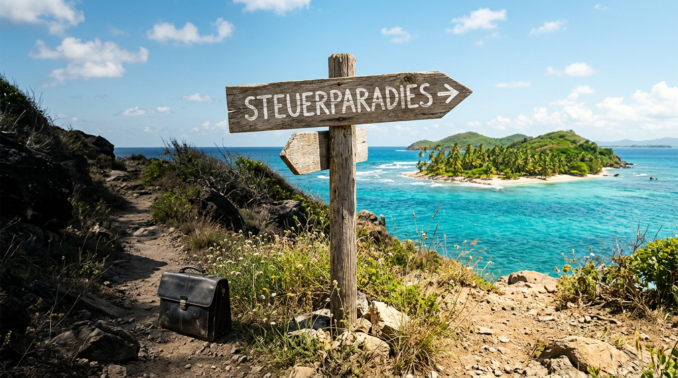 Titelbild: ein Holzwegweiser an einer sonnigen türkisen Küste mit der Aufschrift „Steuerparadies", der zu einer hellen Tropeninsel zeigt, während ein schattiger Pfad in die andere Richtung führt — legale Realität gegen düsteres Klischee.