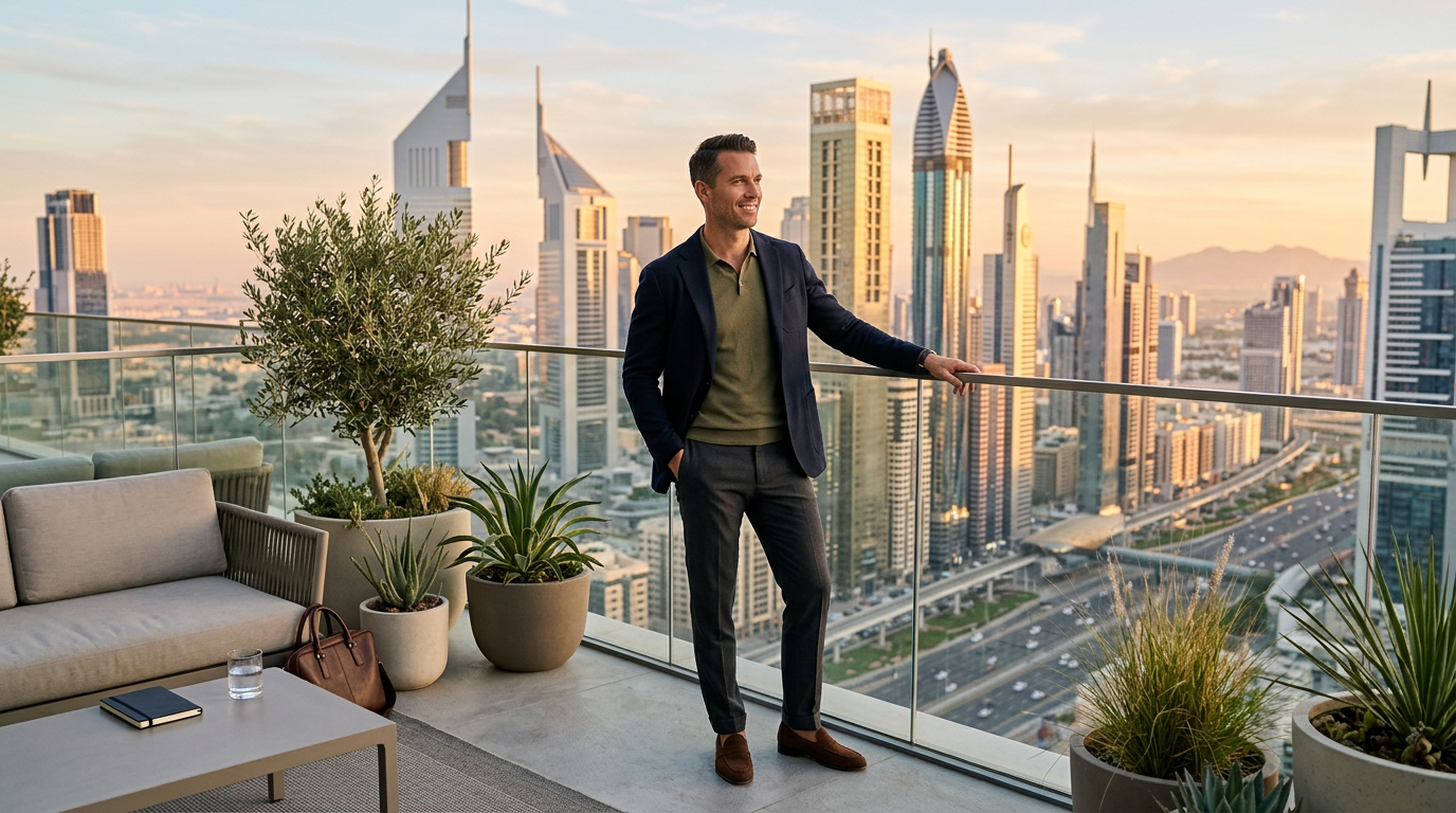 Titelbild: selbstbewusster Unternehmer auf einer Dachterrasse im goldenen Abendlicht mit Blick auf eine glänzende moderne Wüstenmetropole — Sinnbild für das steuerfreie Dubai.