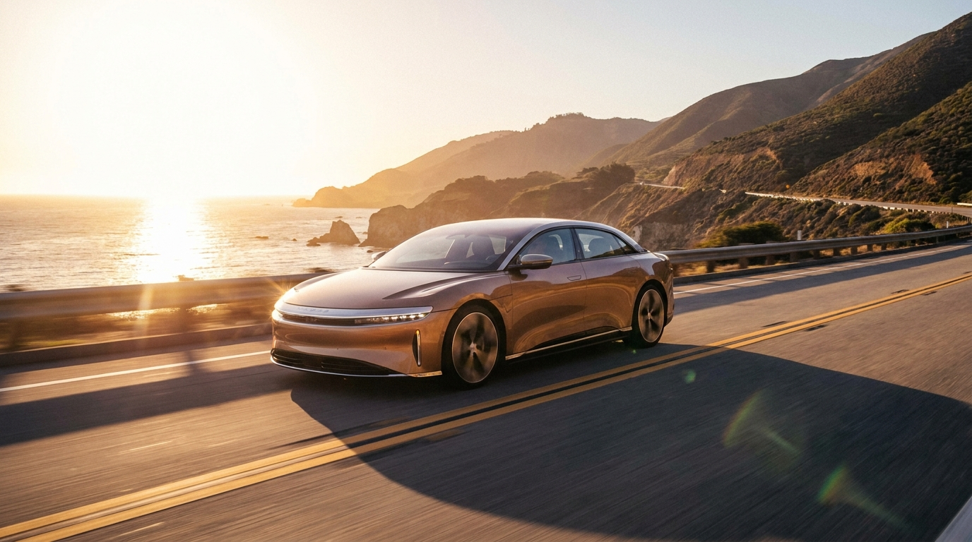Car driving at sunset