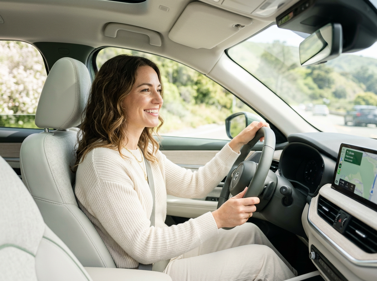 Relaxed driver behind the wheel of a modern car