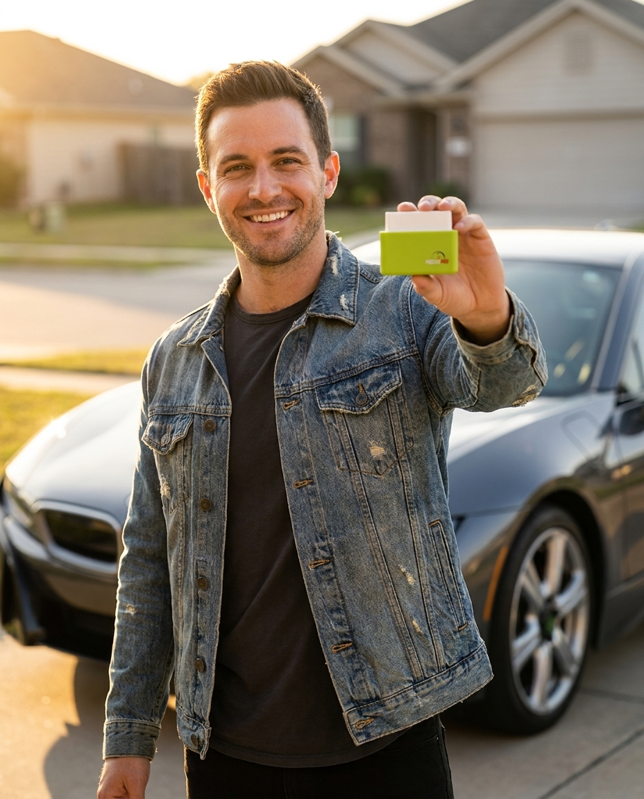 Man holding FuelFixPro beside his car
