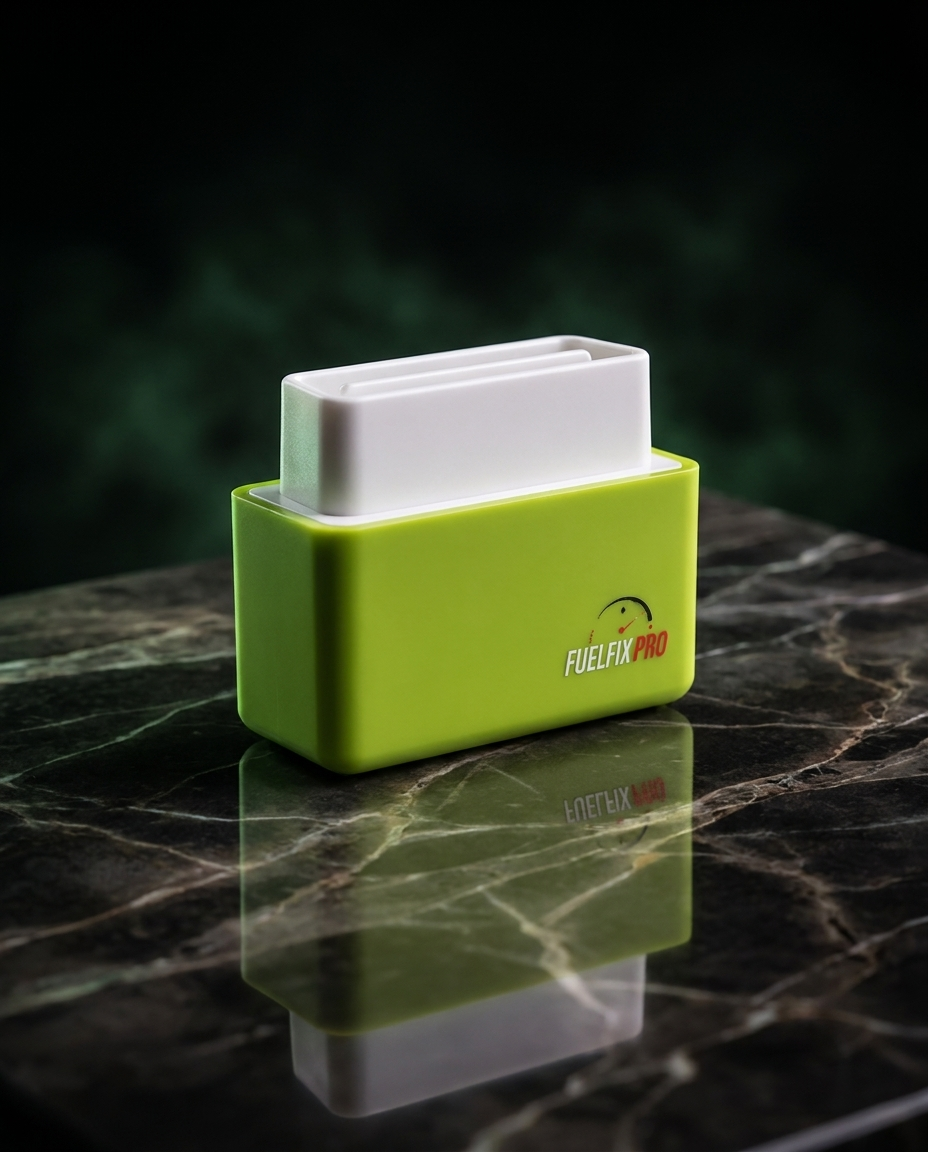 FuelFixPro device, premium angled shot with cinematic rim lighting