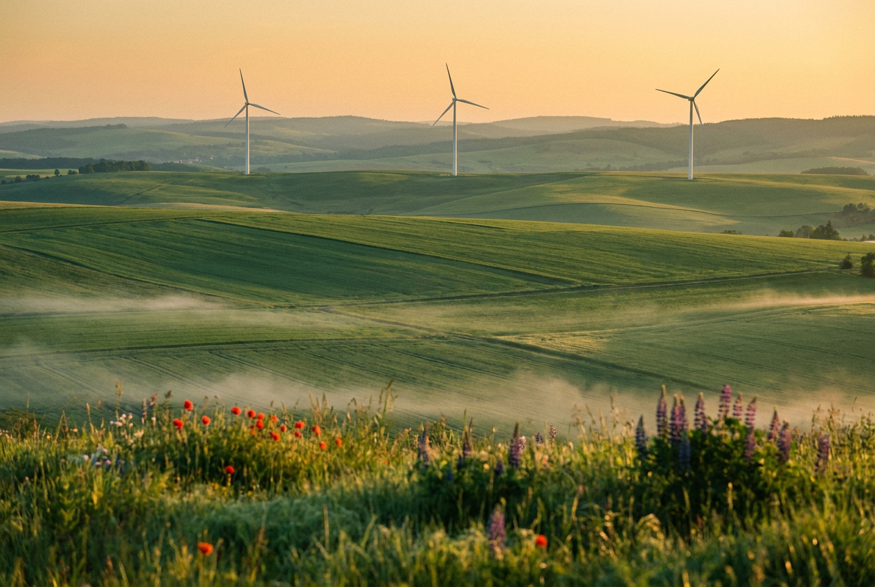 Aerial view of rolling green farmland at golden hour with modern wind turbines on the horizon, soft morning mist drifting low across wildflower meadow