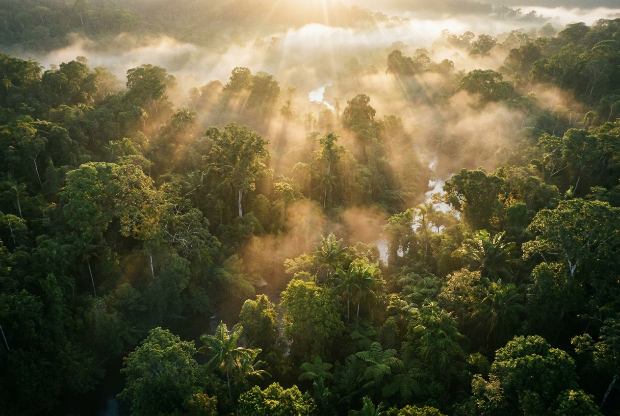 Aerial view of a thriving dense rainforest canopy at golden hour, warm sunbeams threading between trees through morning mist