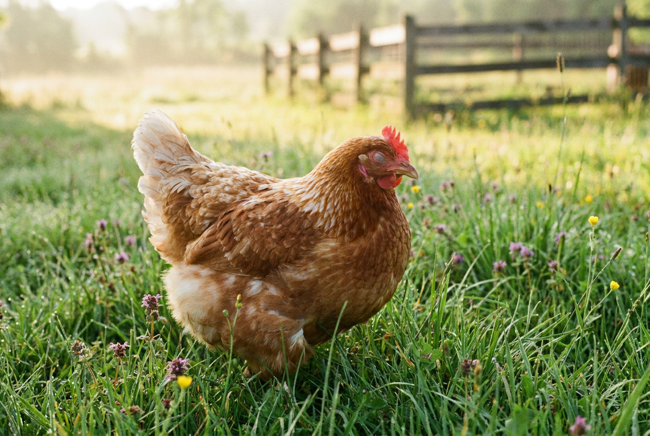 Close-up of a healthy free-range hen with rust-and-cream feathers standing peacefully in a lush wildflower meadow at golden hour