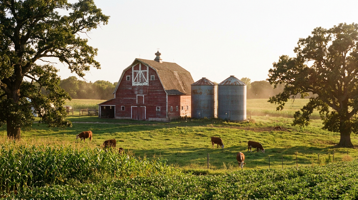 A weathered red American barn with two silver grain silos on a working family farm at golden hour, surrounded by lush green pastures and oak trees, classic rural Americana