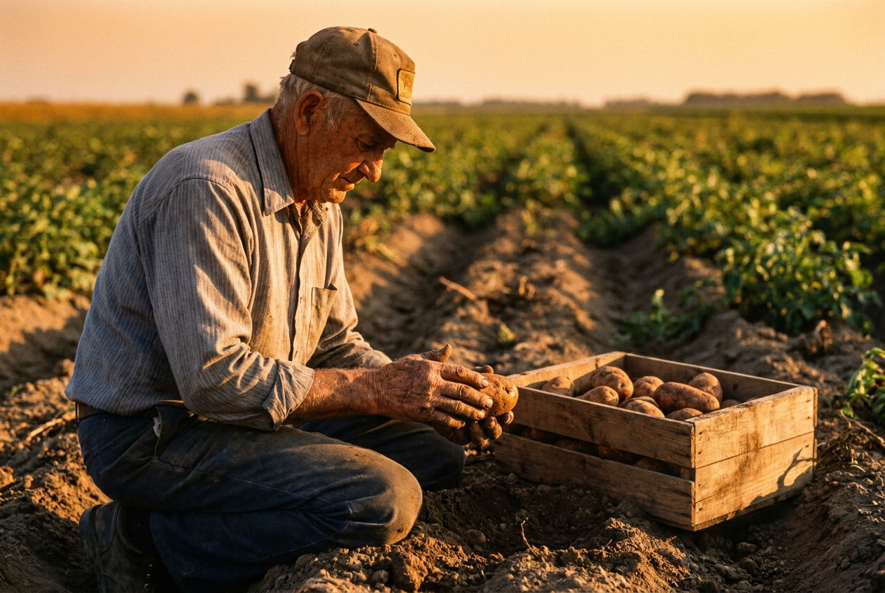 A weathered American potato farmer kneeling in a field at golden hour, gently brushing soil from a freshly-pulled russet potato, wooden crate of harvest beside him
