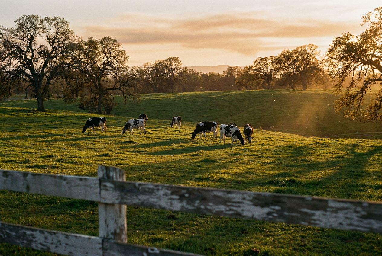 A small herd of healthy black-and-white Holstein cattle grazing peacefully on rolling green pasture at golden hour, with a weathered wooden fence in the foreground