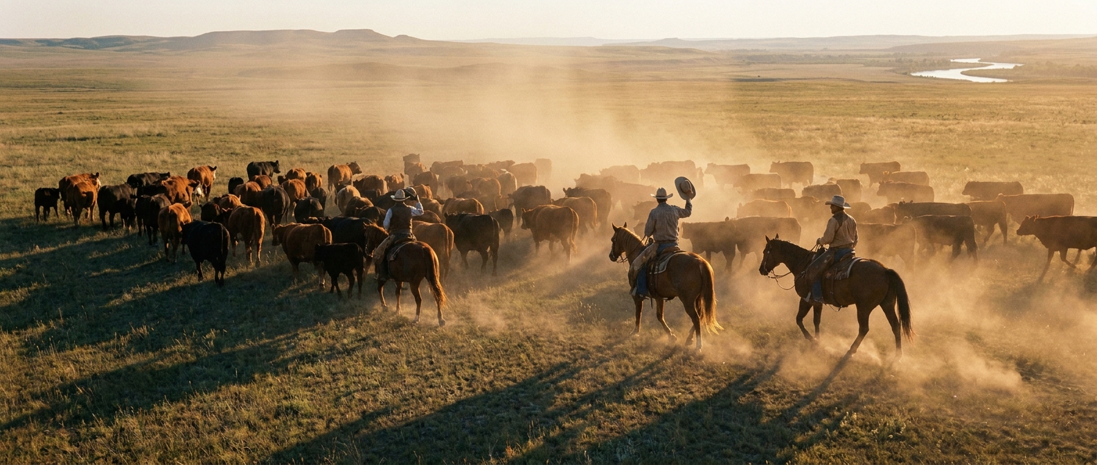 Two cowboy ranchers on horseback driving a herd of cattle across vast open American grassland at golden hour, golden dust catching the warm light, distant hills on the horizon