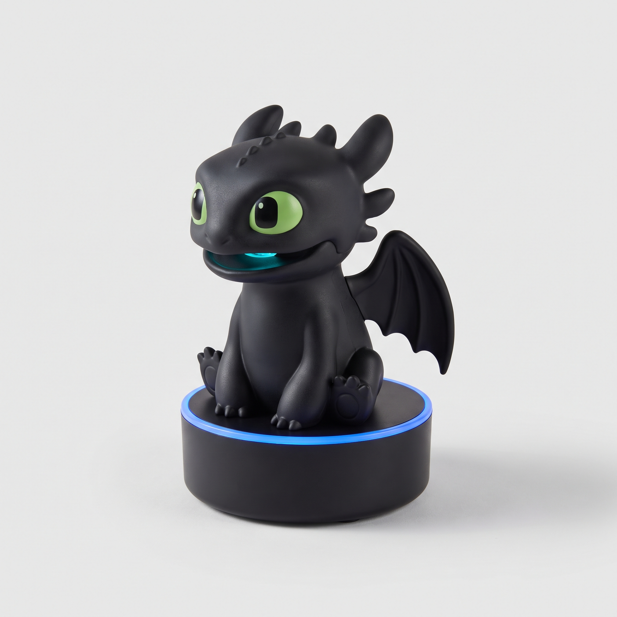 Matte-black seated dragon projector with large green eyes, a cyan mouth light, one visible wing, and a blue-lit circular base