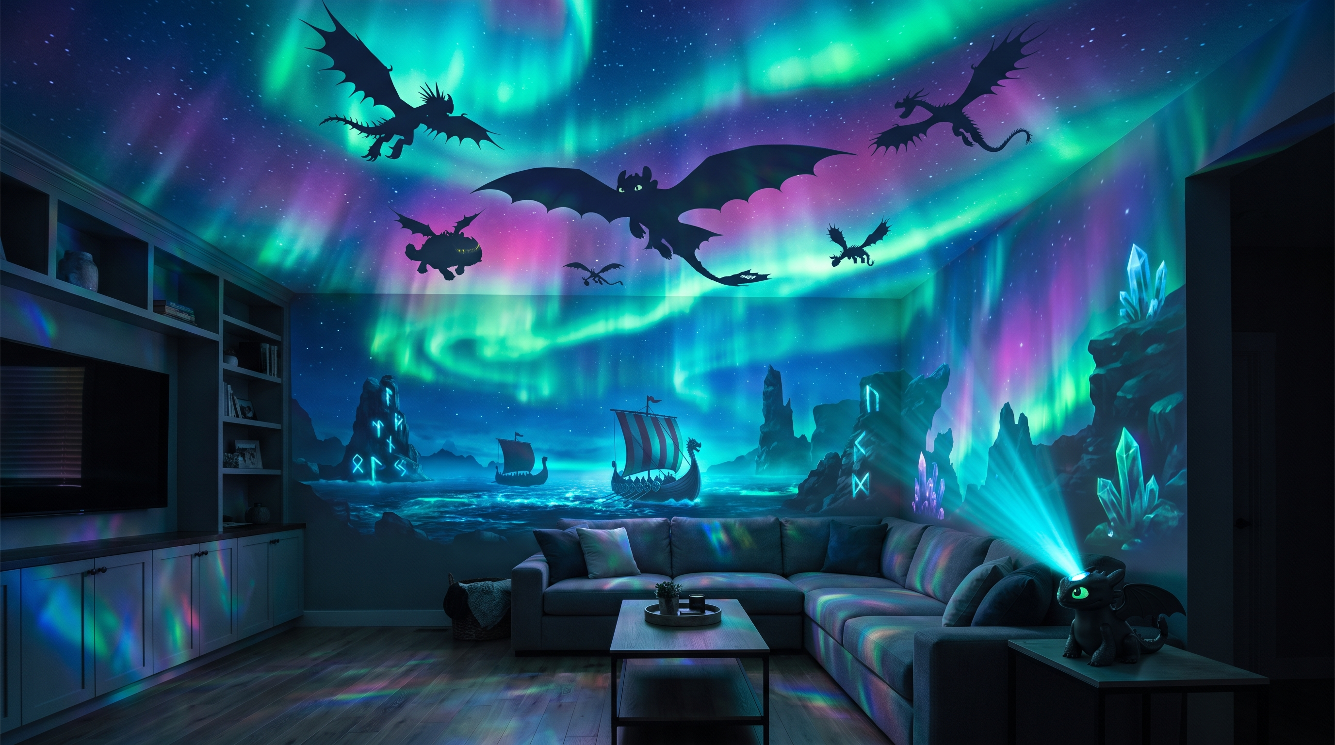 Dragon aurora projection covering the walls and ceiling of a dark living room