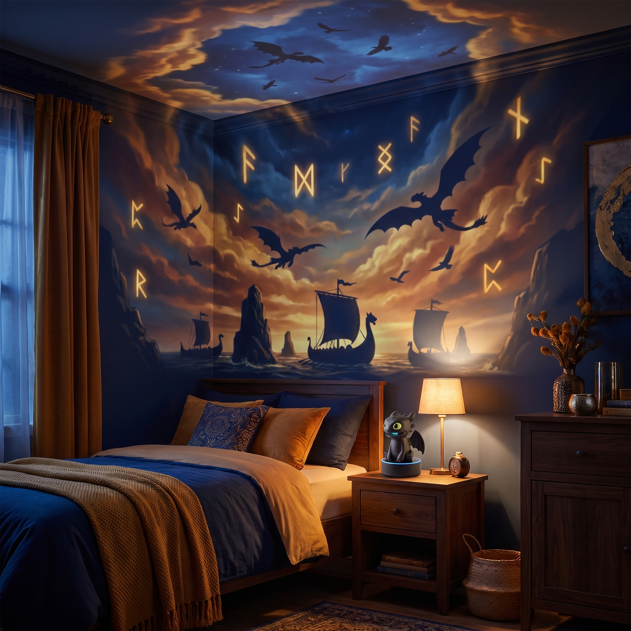 Golden dragon voyage projection illuminating a bedroom with ships, dragons, and glowing runes