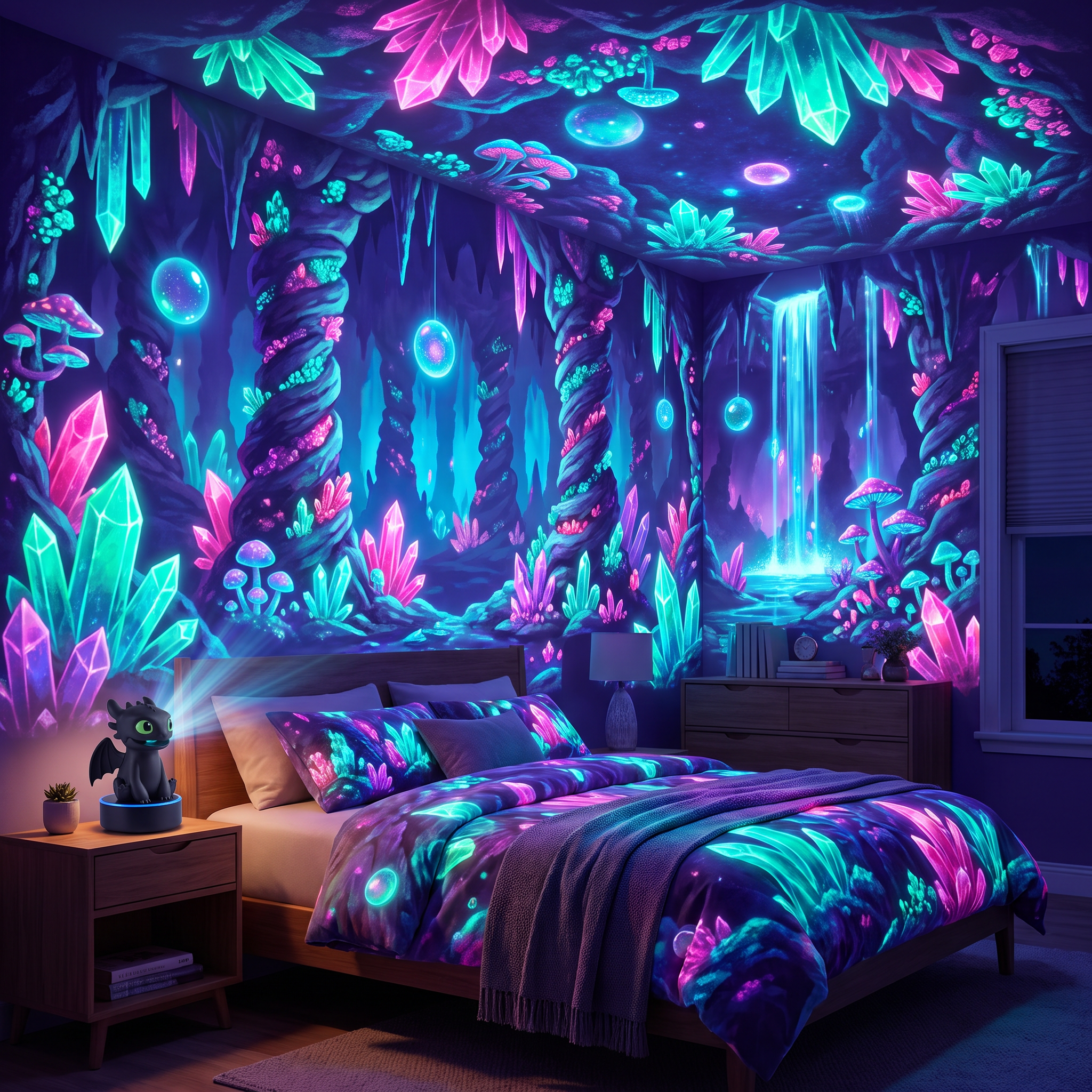 Crystal cavern projection illuminating a bedroom in cyan and magenta