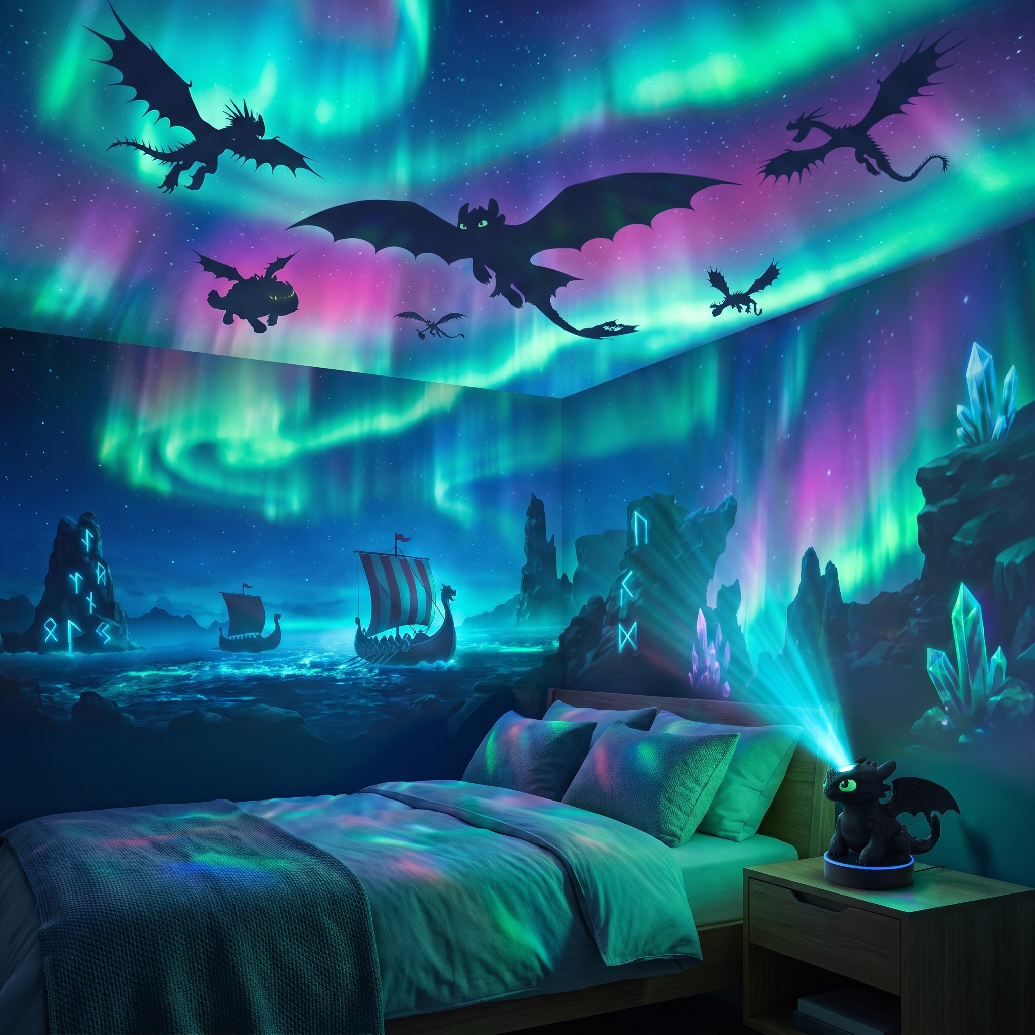 Dragon aurora projection illuminating a bedroom in blue, green, and purple