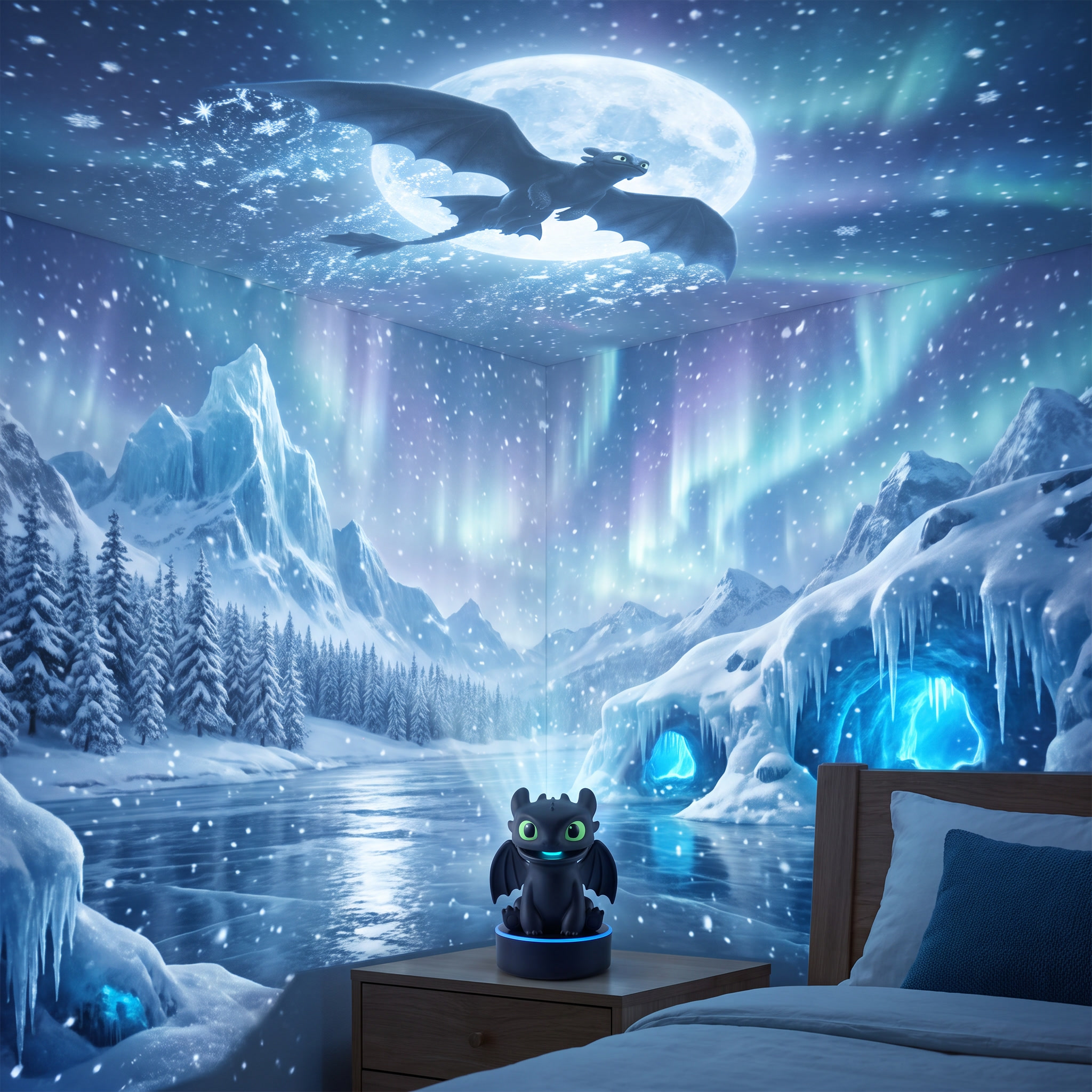 Moonlit ice flight projection covering a bedroom with snowy mountains, aurora light, and a dragon flying across the moon