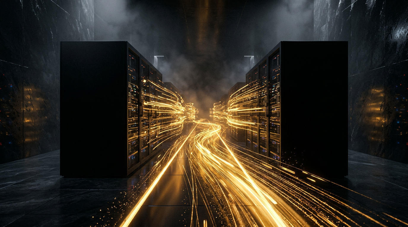 Rivers of molten gold data through a dark server corridor