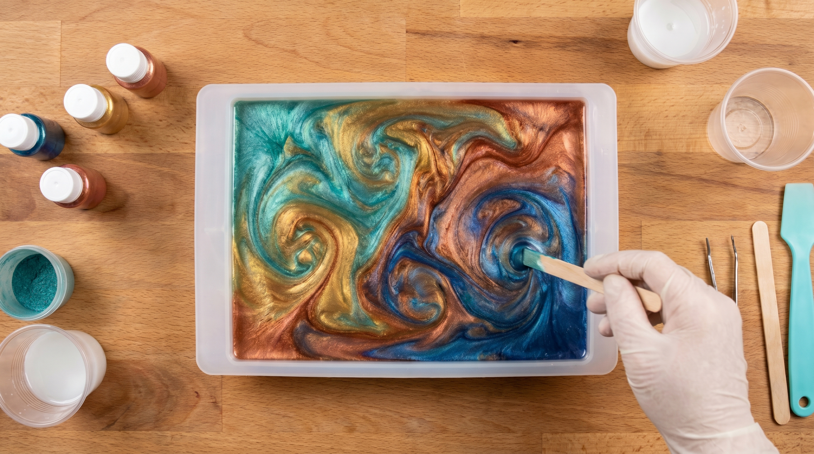 Overhead view of colorful epoxy resin swirling in a mold with metallic pearl pigment in teal, gold, copper and deep blue