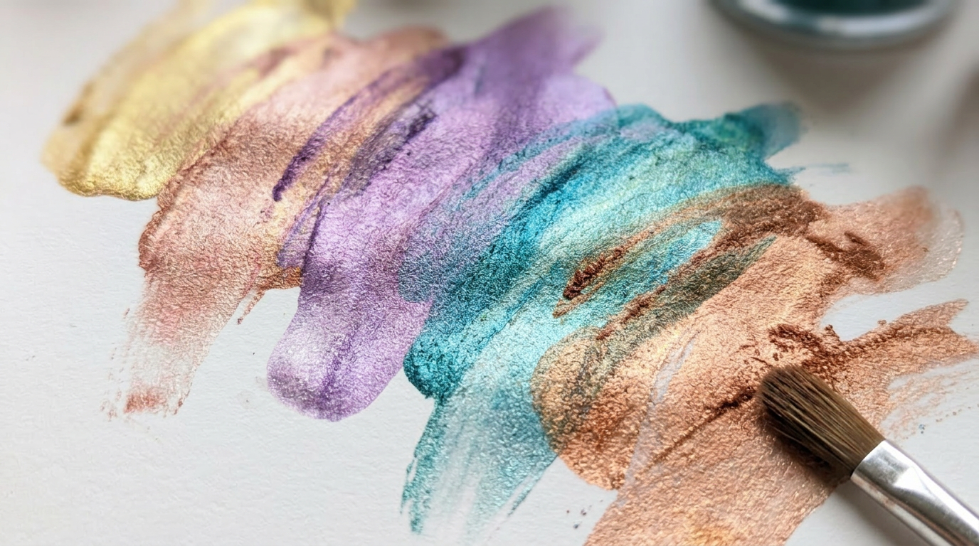 Close-up of a brush applying swirls of metallic pearl pigment powders in gold, rose gold, purple, teal and copper