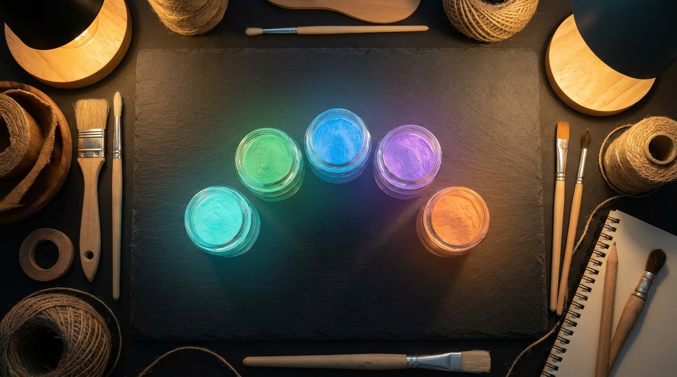 Five jars of colorful glow-in-the-dark powder arranged on a dark surface with a soft glow effect