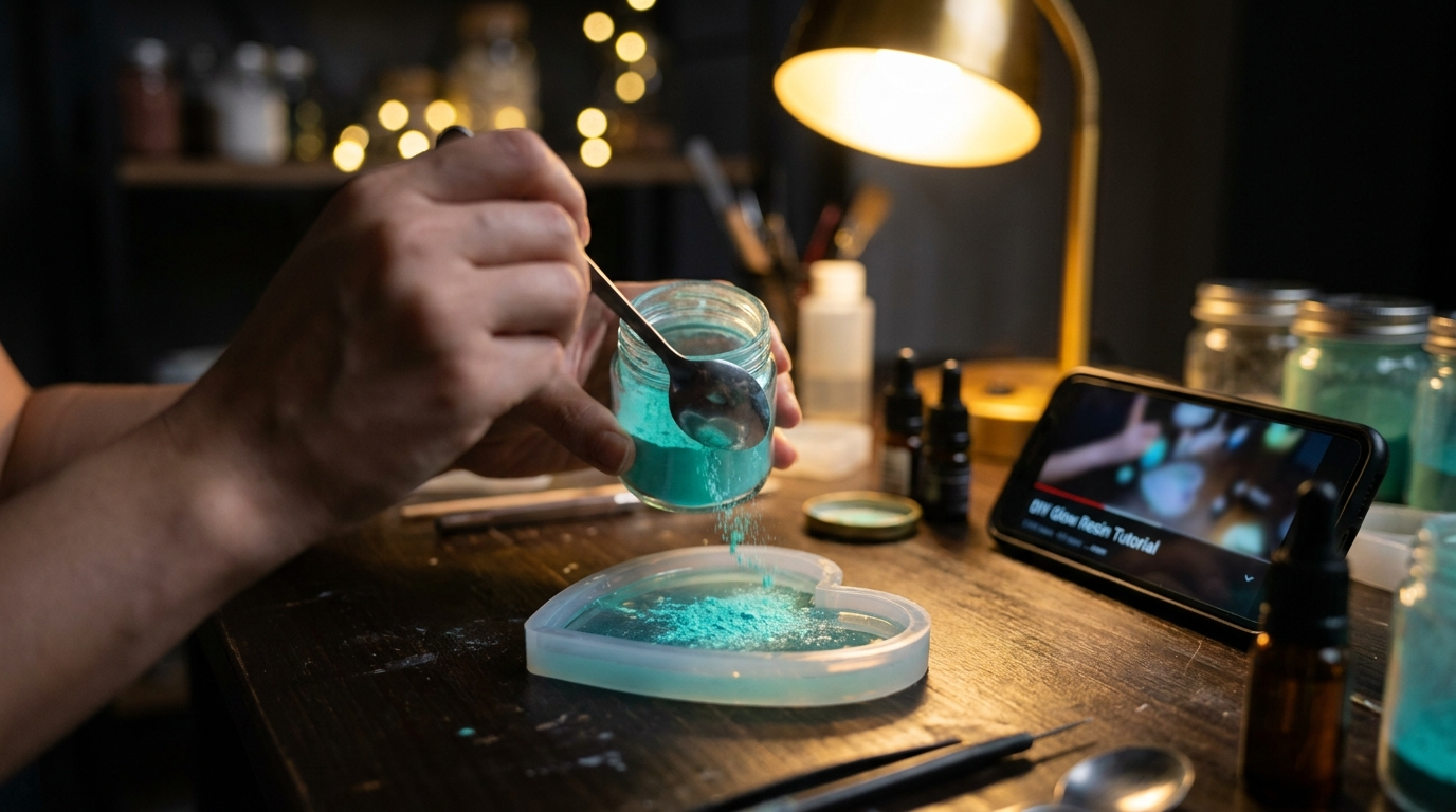 Crafter's hands adding aqua glow powder to a clear epoxy resin mold in a dark workshop setting
