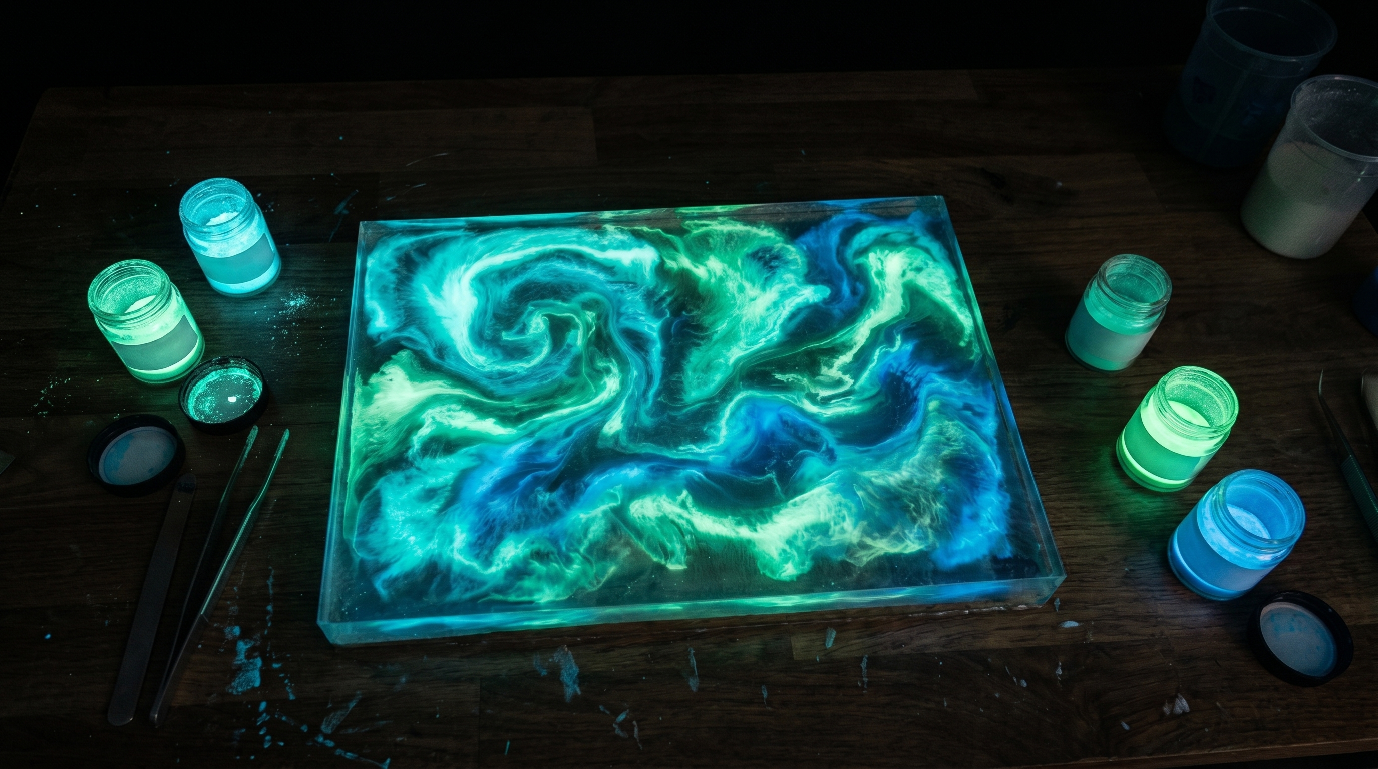 Overhead view of a glowing resin art piece in a dark room with aqua, green, and blue glow powder swirled in epoxy beside unlabeled jars