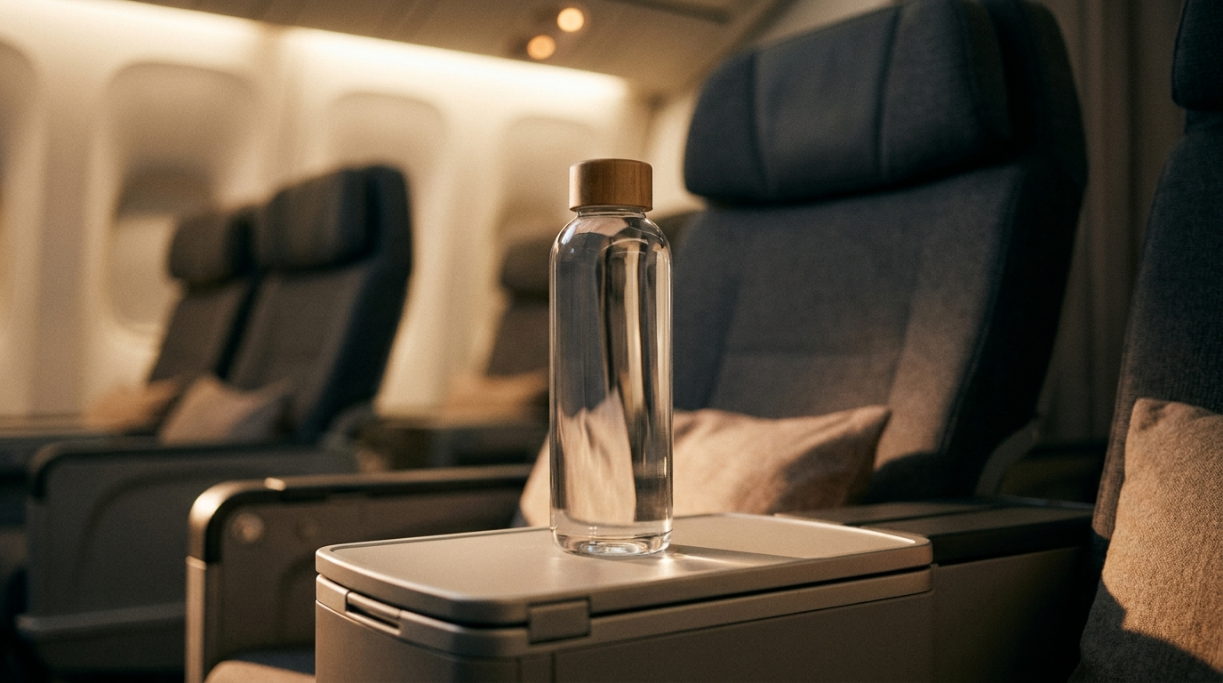 Water bottle on an airplane tray table