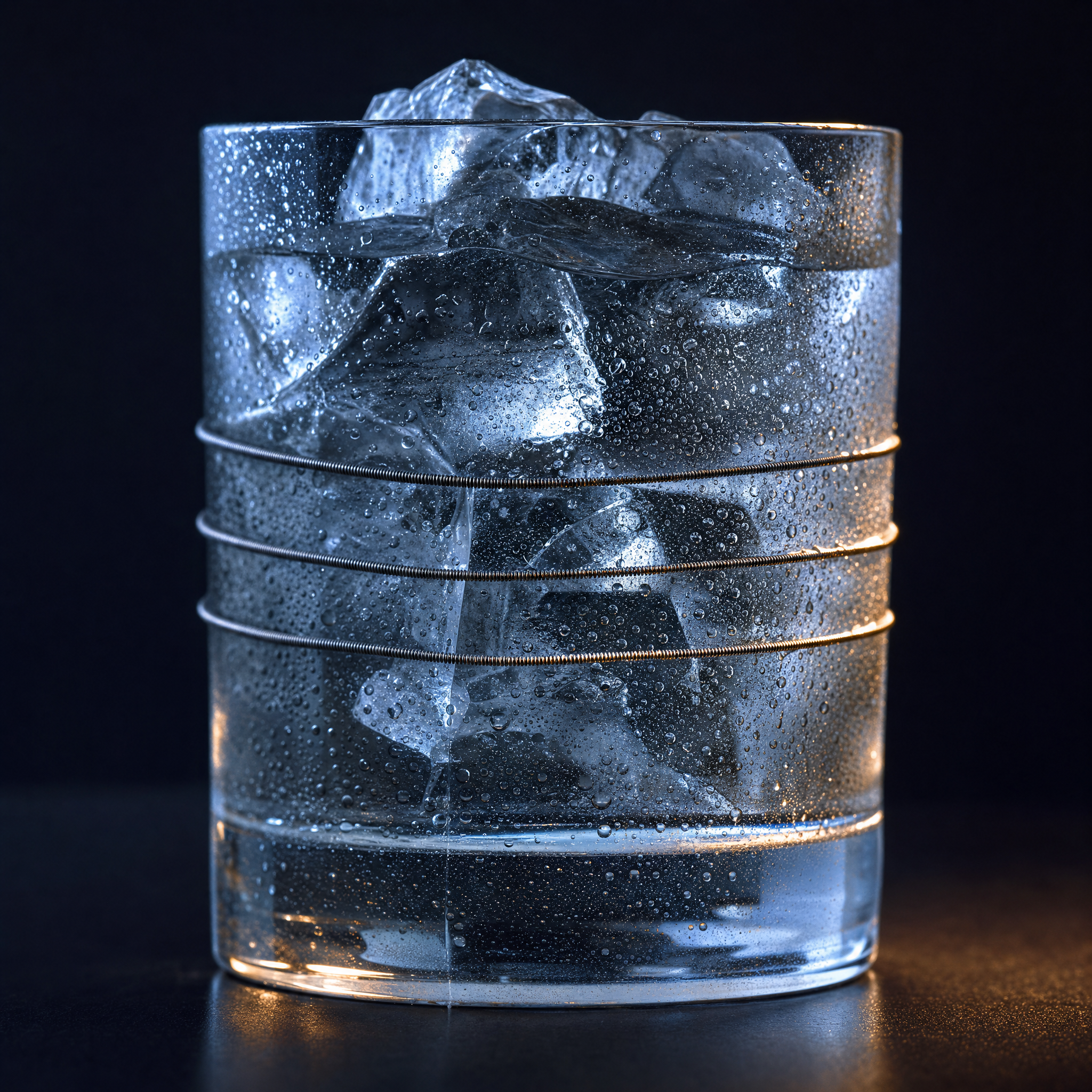 Rocks glass of ice water with steel music strings wrapped taut around it, blue and amber lighting contrast