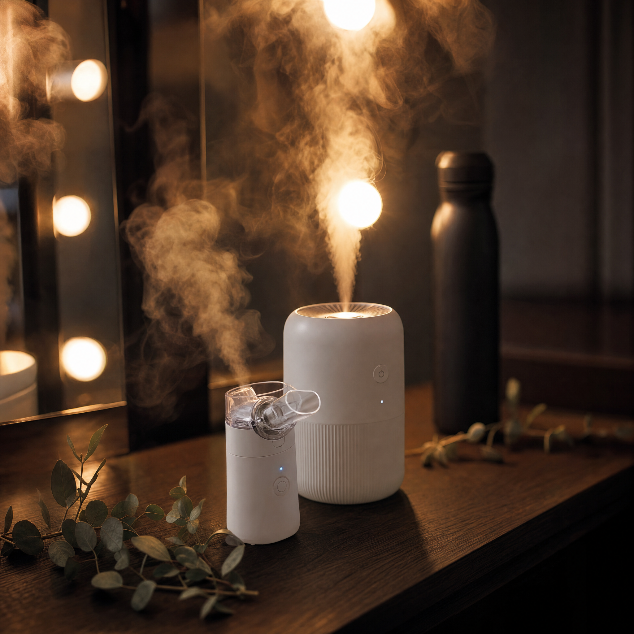 Steam nebulizer and portable humidifier on dark walnut vanity shelf with eucalyptus leaves, warm amber lighting