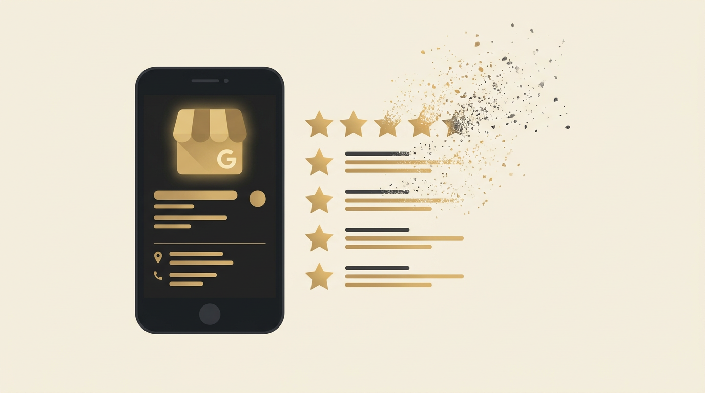 Smartphone showing a Google Business Profile with a 5-star review fading away
