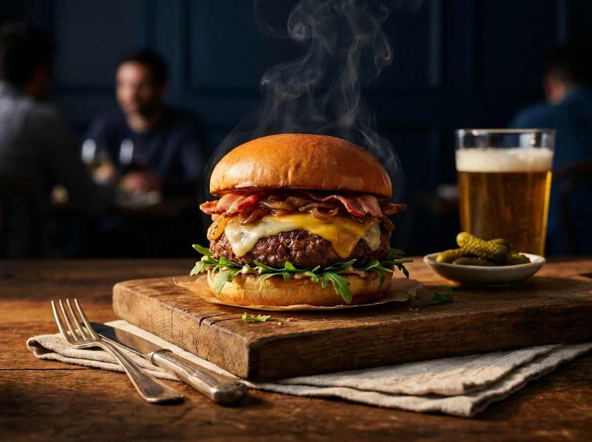AI-generated professional food photography sample: gourmet burger with dramatic lighting