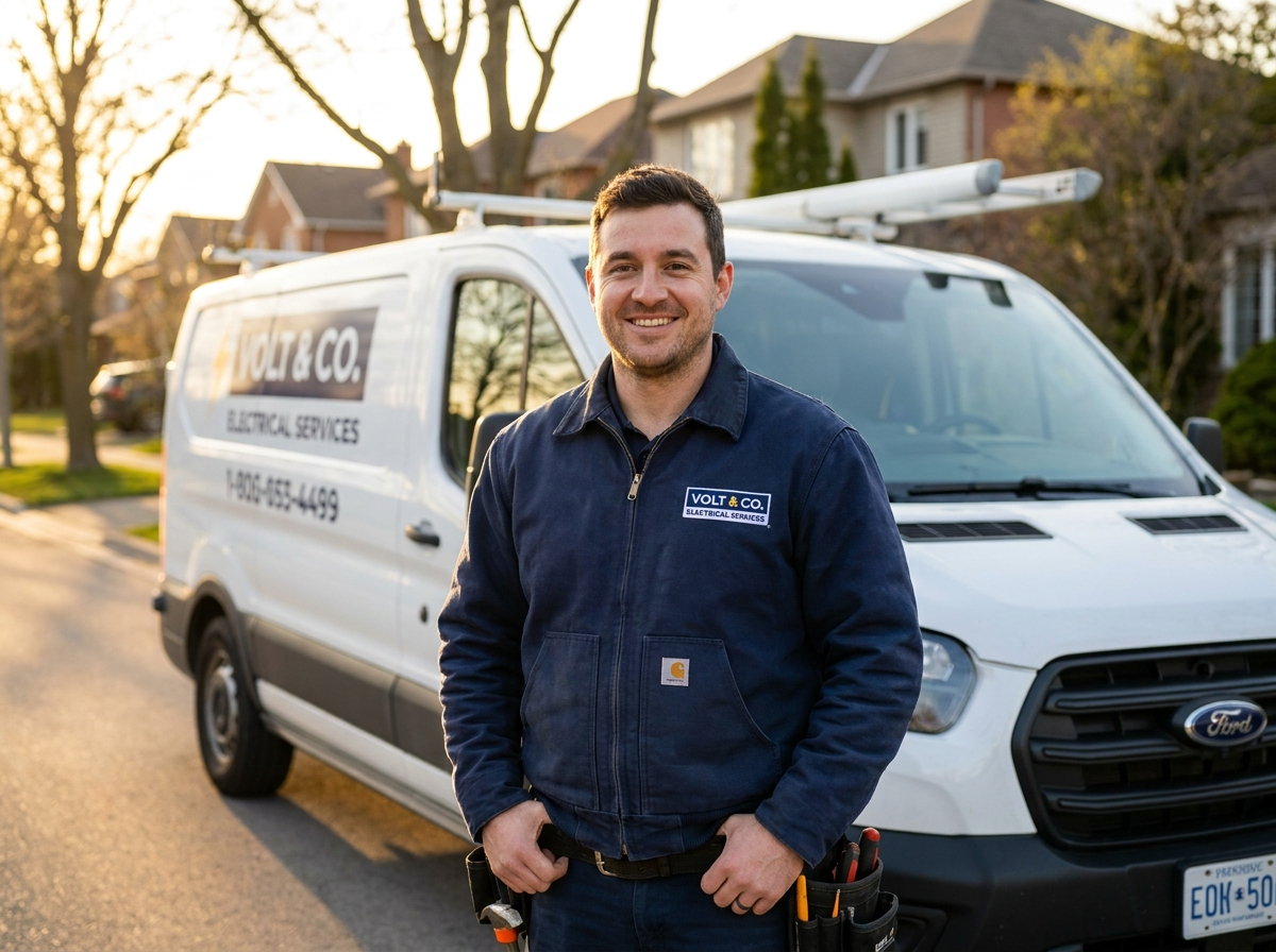 AI-generated branding photo of an electrician in front of his service van