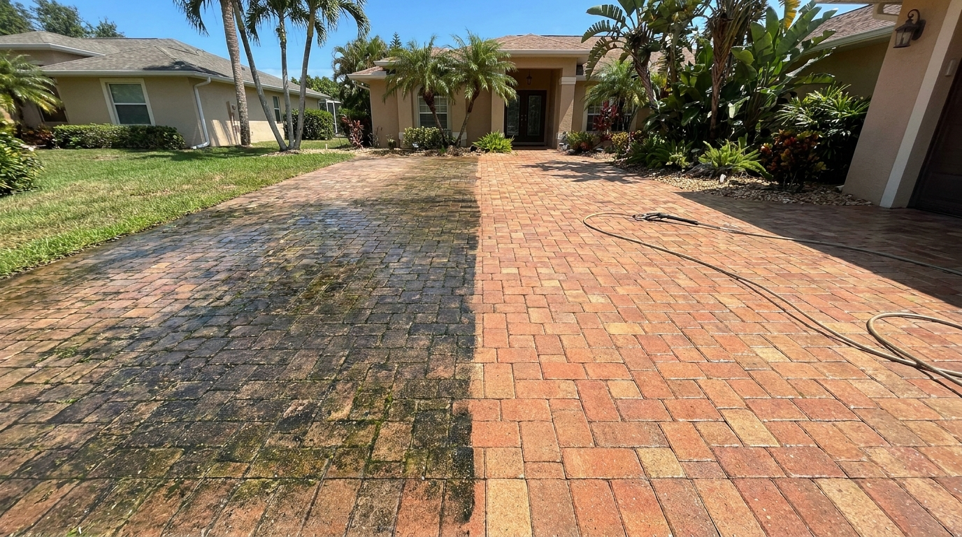 Half-cleaned paver driveway showing dramatic before and after