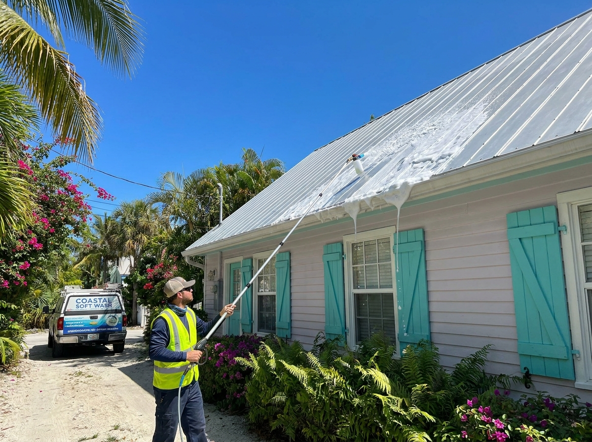 Soft washing a Key West metal roof