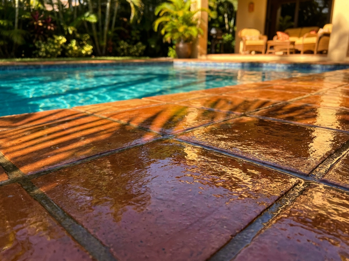 Freshly sealed glistening pavers by a Key West pool