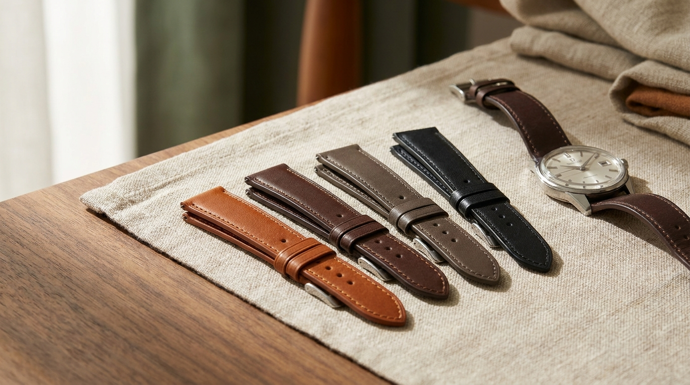 Fijne leren horlogebanden in cognac, bruin, taupe en zwart naast een horloge - Horlogerieshop.nl