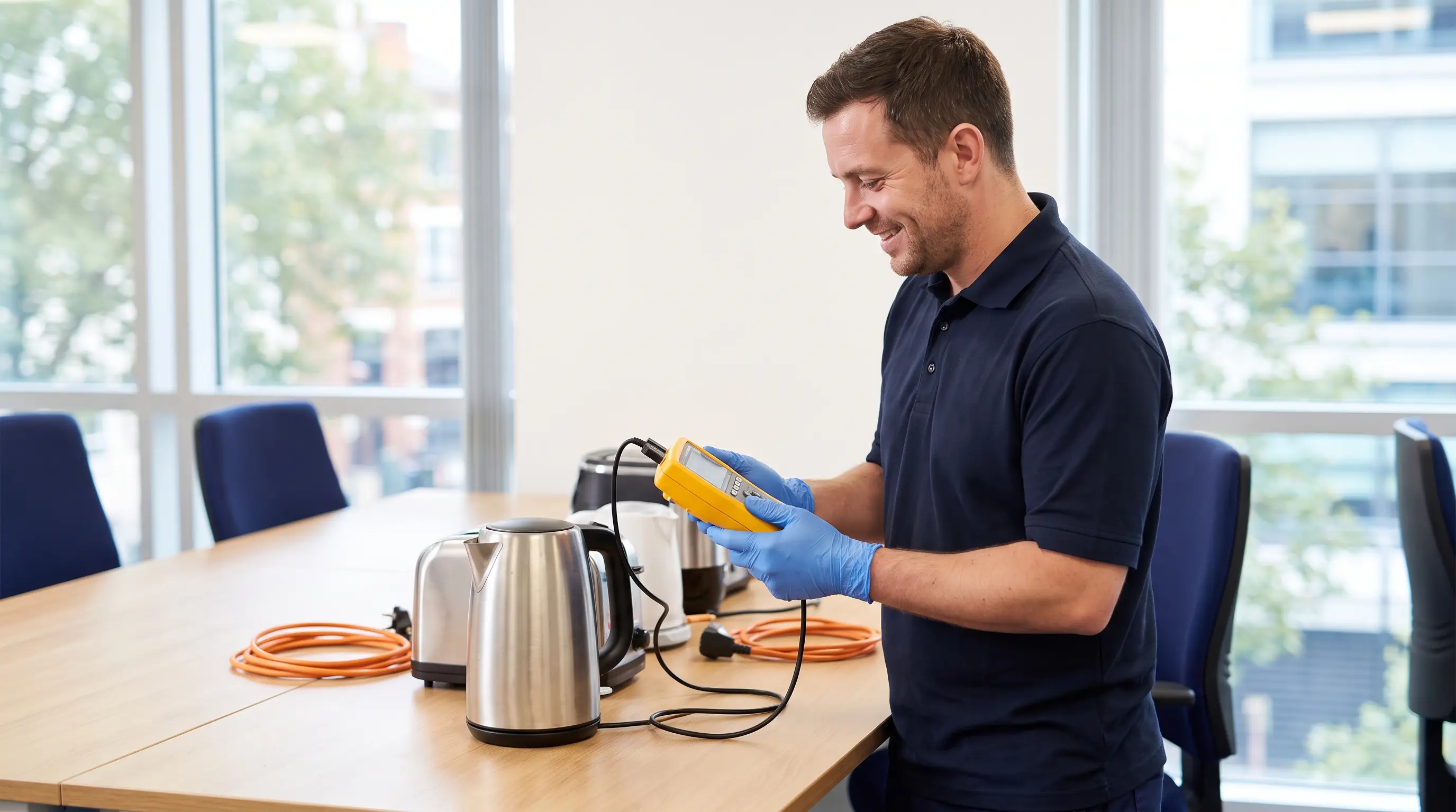 Engineer PAT testing a kettle and small appliances in a bright Banbury office